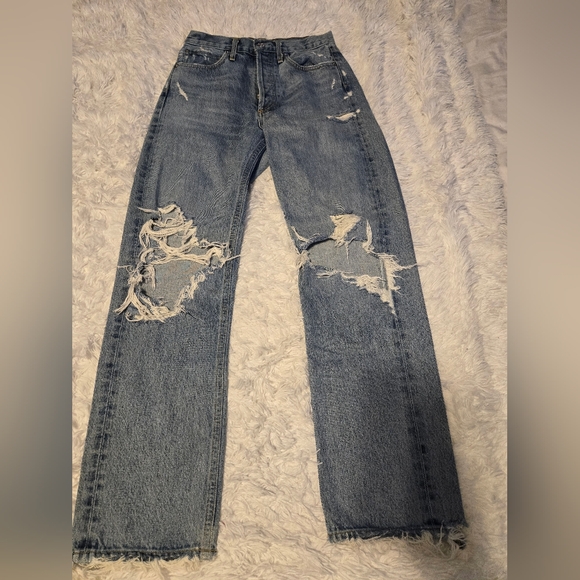 90s AGOLDE Mid Rise Loose Fit Ripped Wide Leg Cotton Jeans Size 23 - Picture 2 of 13